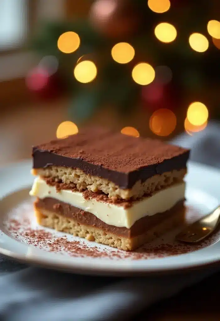 Gâteau chocolat multicouche avec décoration de lumière festive.