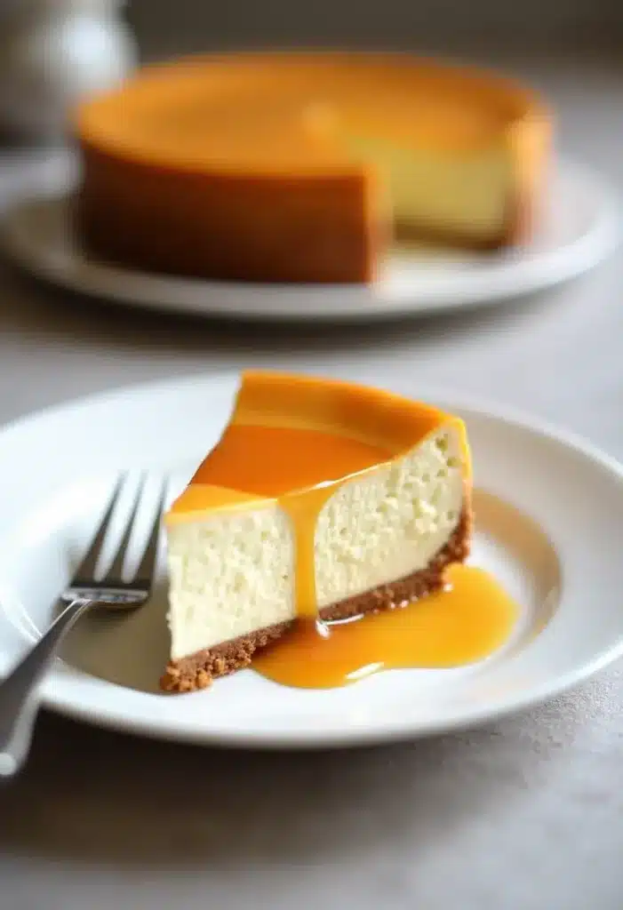 Part de cheesecake caramel sur assiette blanche.