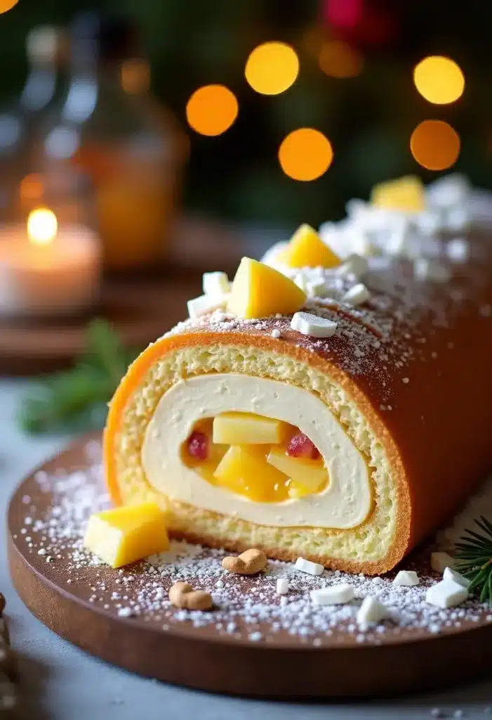 Bûche de Noël à la mangue et crème.