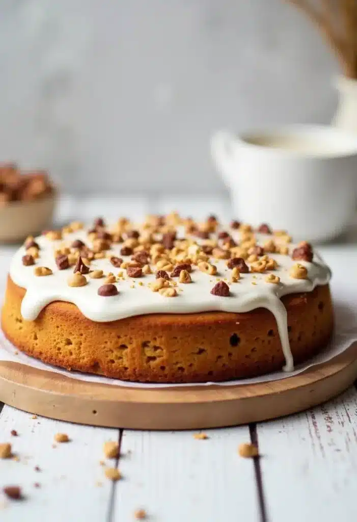 Gâteau glacé garni de noisettes sur planche en bois.