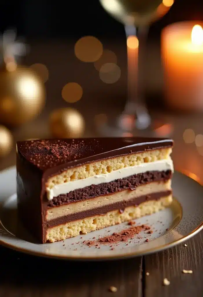 Gâteau au chocolat avec couches sur assiette festive.