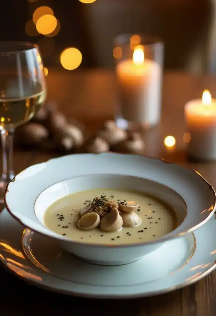 Soupe gourmande aux champignons, ambiance feutrée bougies.