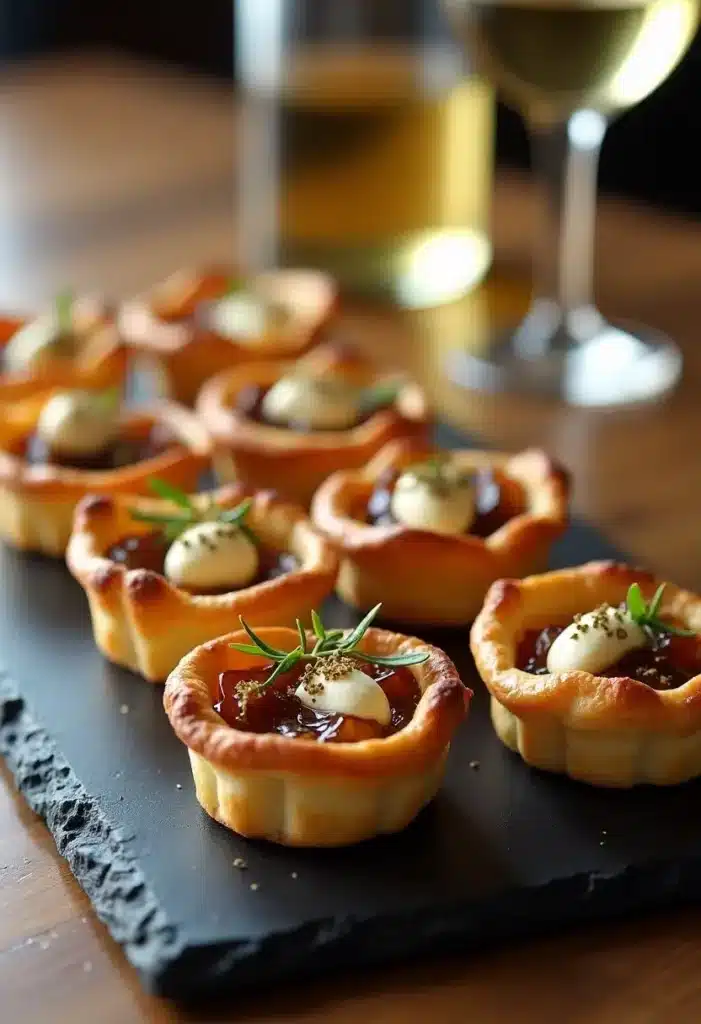 Tartes apéritives sur plaque ardoise, verre de vin.