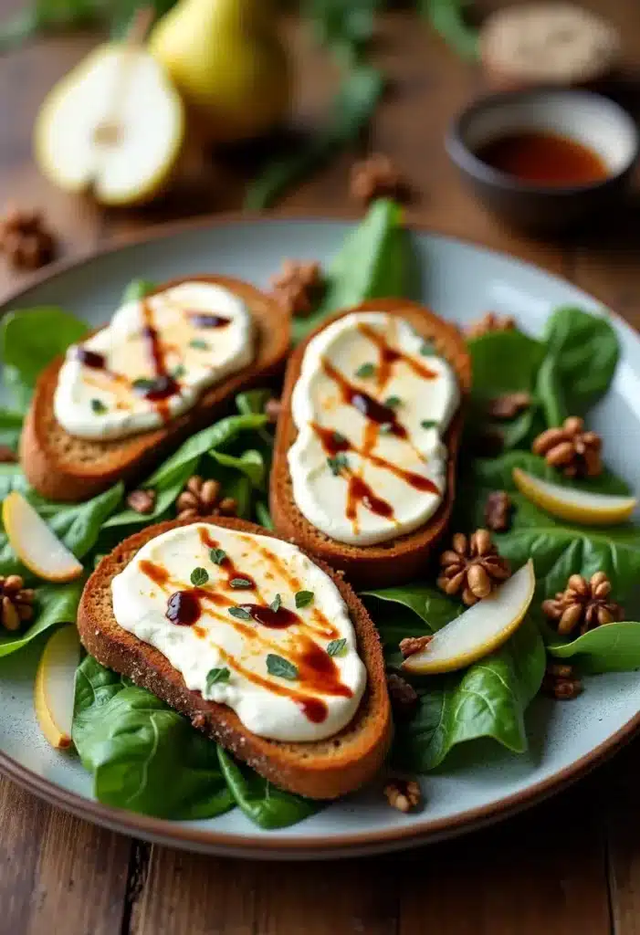 Tartines de chèvre, salade d'épinards, poires et noix.