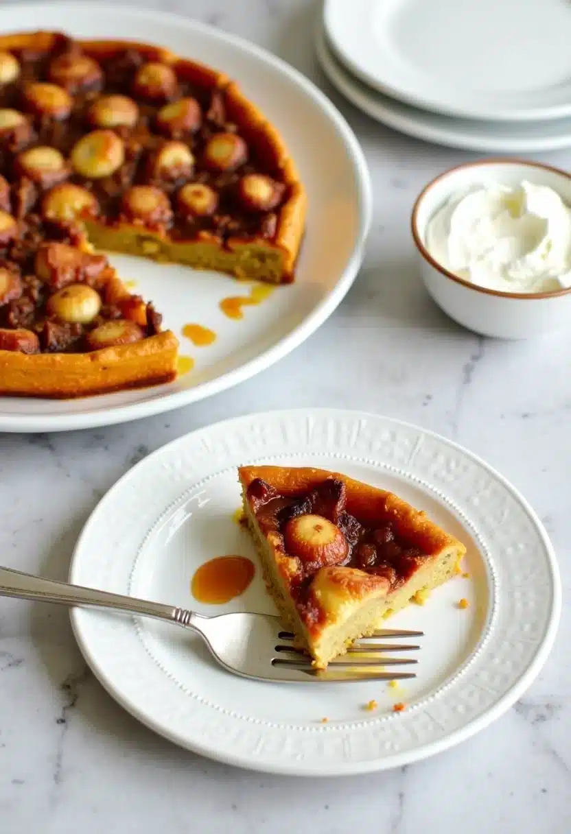 Tarte aux pommes avec chantilly, servie sur assiette blanche.