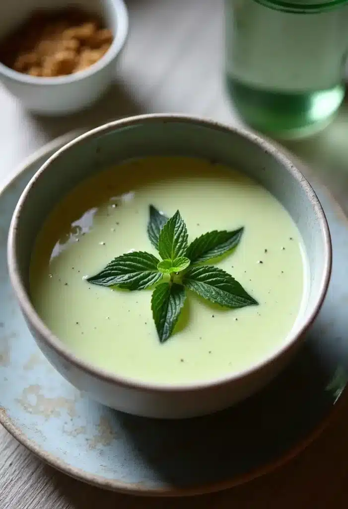 Soupe verte décorée de feuilles de menthe fraîches.