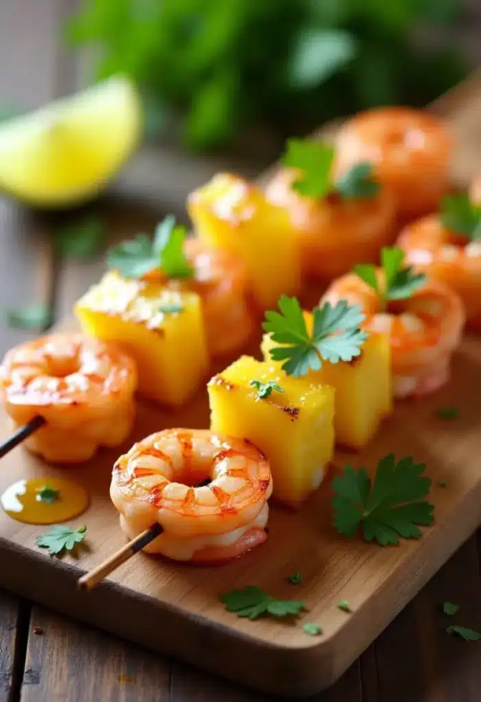 Brochettes crevettes et ananas sur planche bois.