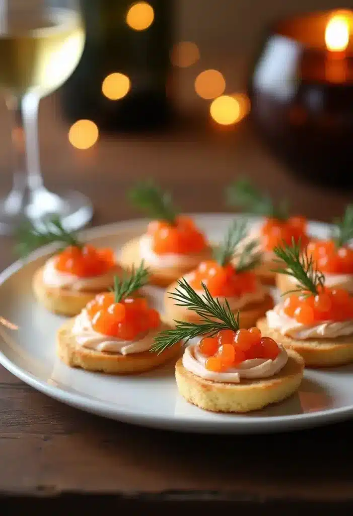 Canapés au saumon et aneth sur assiette blanche.