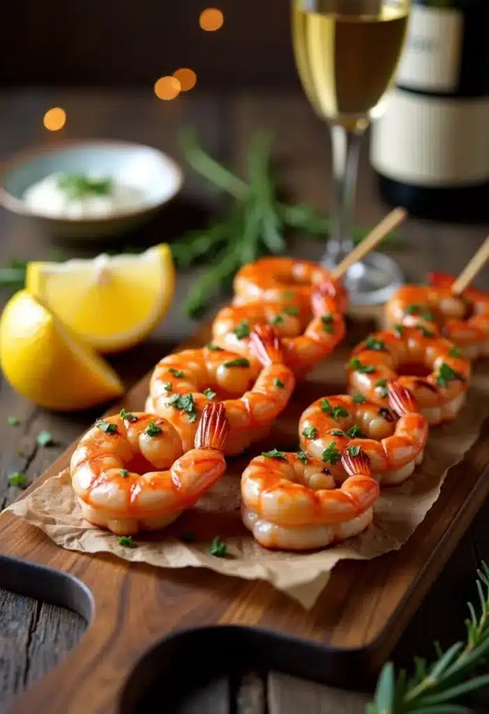 Crevettes grillées sur planche avec citron et vin.