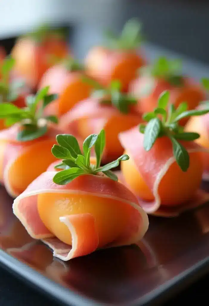 Bouchées de melon et jambon sur plateau noir.