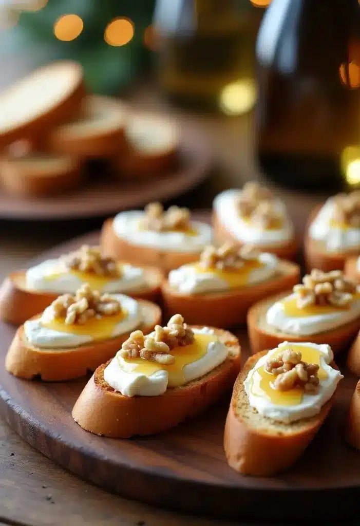 Bruschettas au fromage, miel et noix sur plateau.