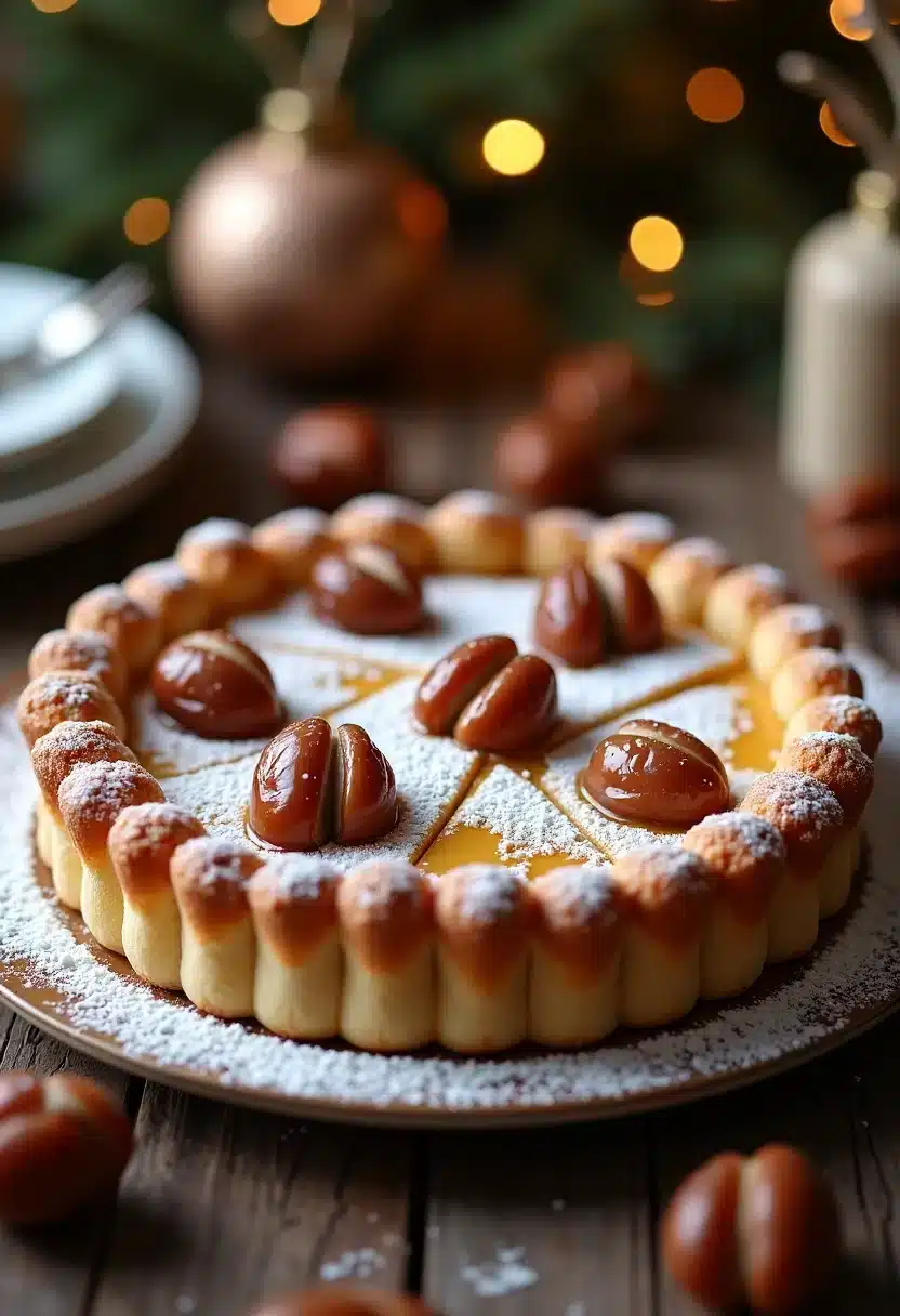 Tarte aux marrons et caramel, décorations festives