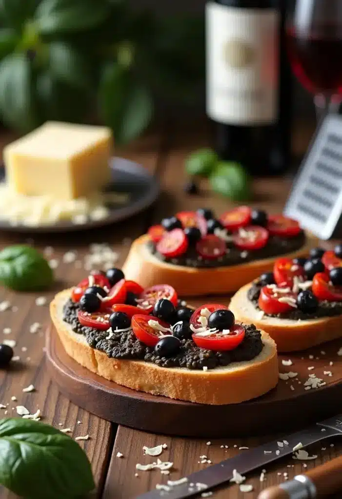 Bruschetta aux olives, tomates et tapenade.