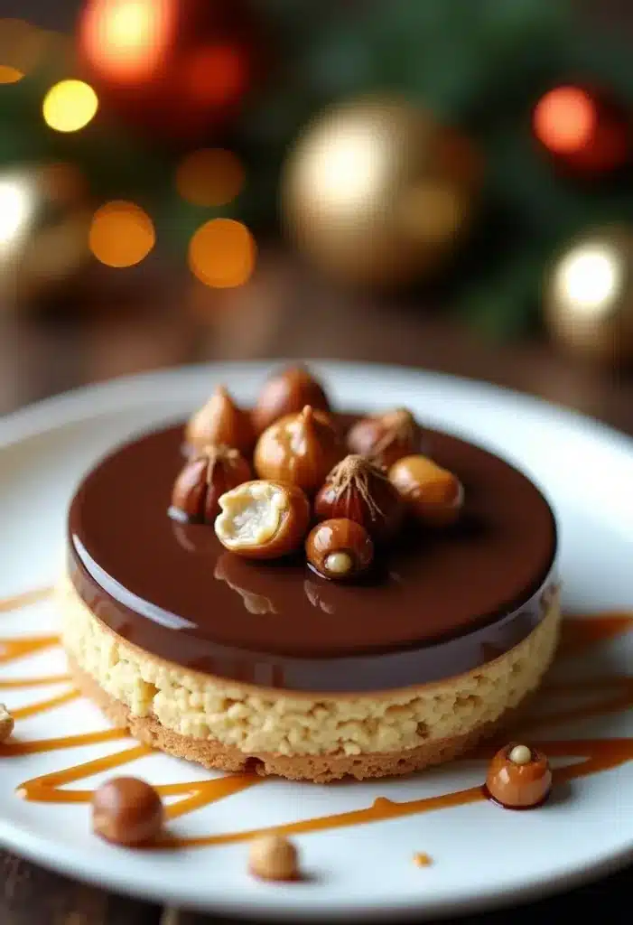 Gâteau chocolat avec garniture caramélisée, décor festif.