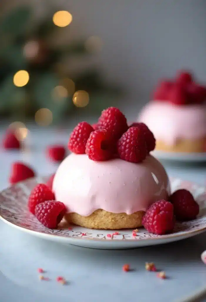 Dessert à la framboise sur assiette décorée.