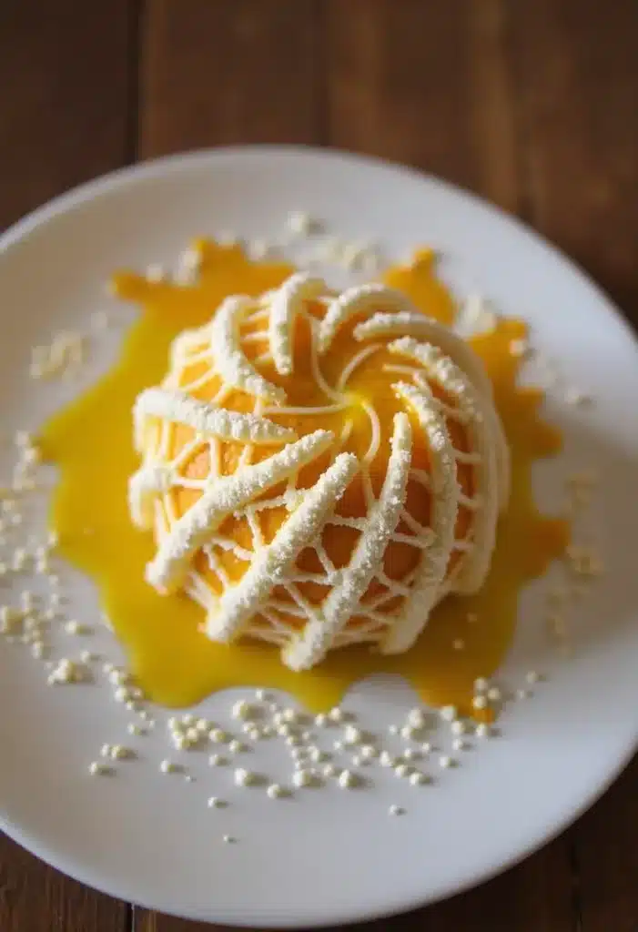 Dessert orange avec sauce, décoré de crème blanche.