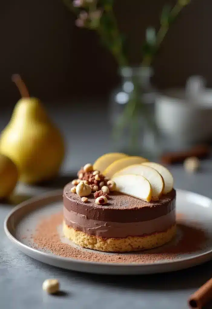 Gâteau poire chocolat, décoré de noisettes.