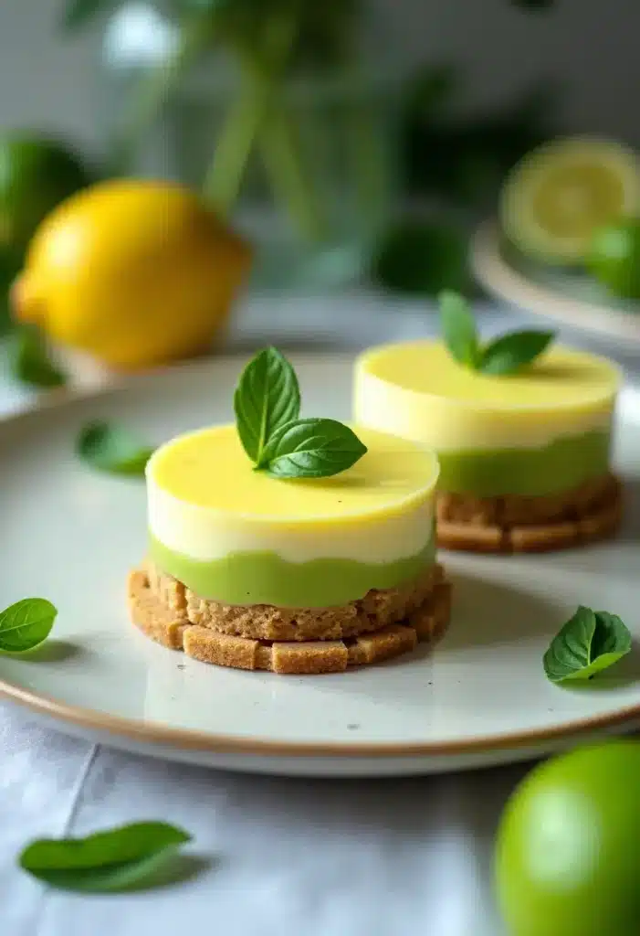 Dessert citron vert sur assiette.