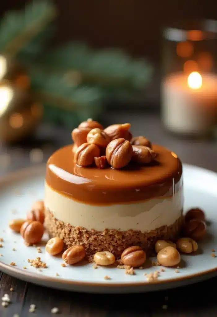 Gâteau caramel et noisettes sur assiette blanche.