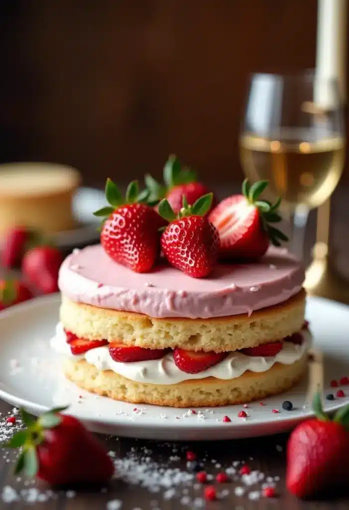 Gâteau à la crème et fraises, vin blanc.
