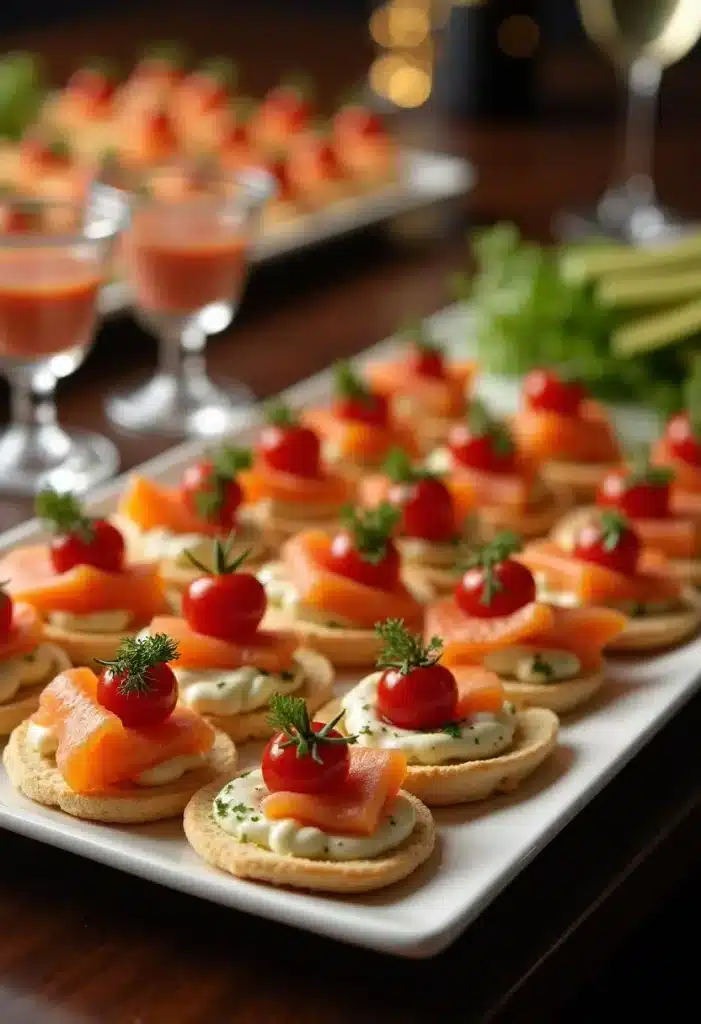 Canapés au saumon et tomates cerises sur plateau.
