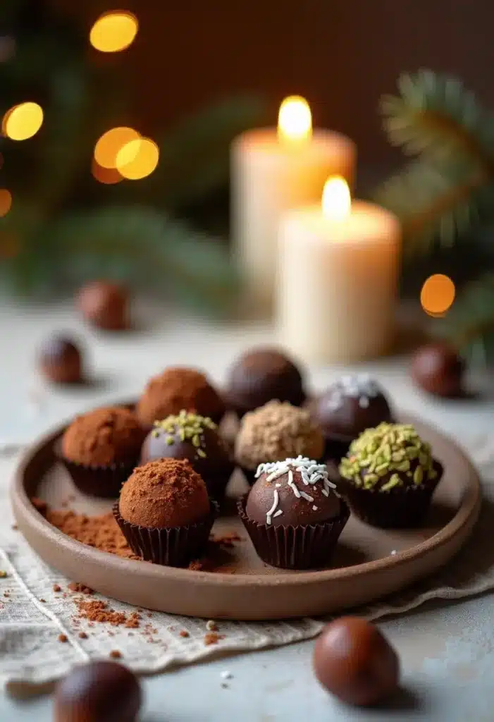 Plateau de truffes au chocolat devant bougies allumées.