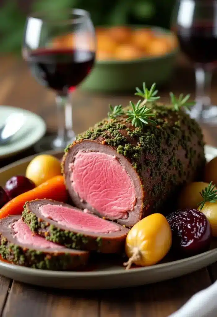 Rôti de bœuf en croûte avec légumes et vin