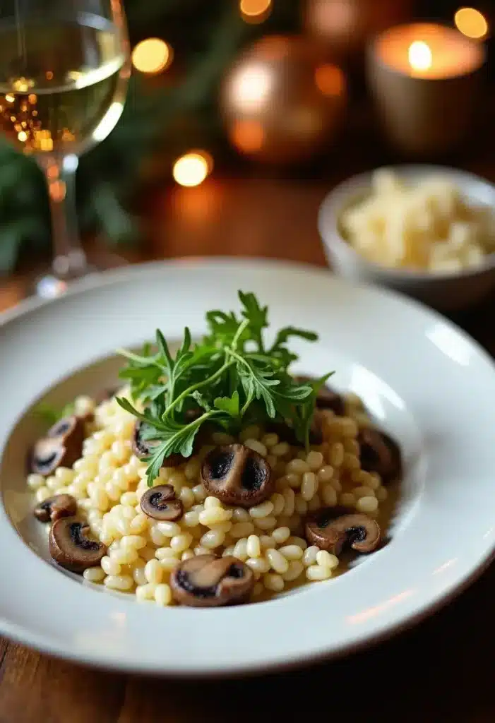 Plat de pâtes aux champignons et roquette.