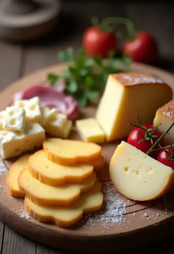 Plateau de fromages variés avec tomates cerises.
