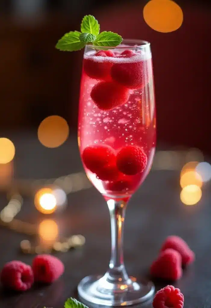 Cocktail pétillant aux framboises décoré de menthe.