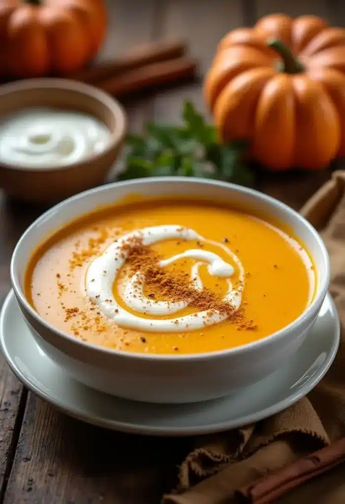 Soupe de potiron garnie de crème et épices.