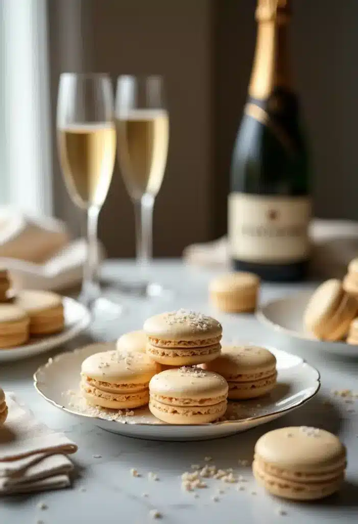 Macarons et champagne sur la table.