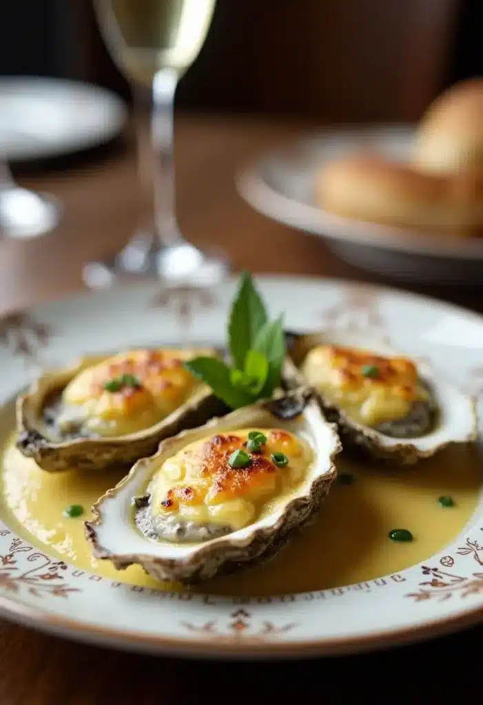 Huîtres gratinées au fromage servies avec du vin.
