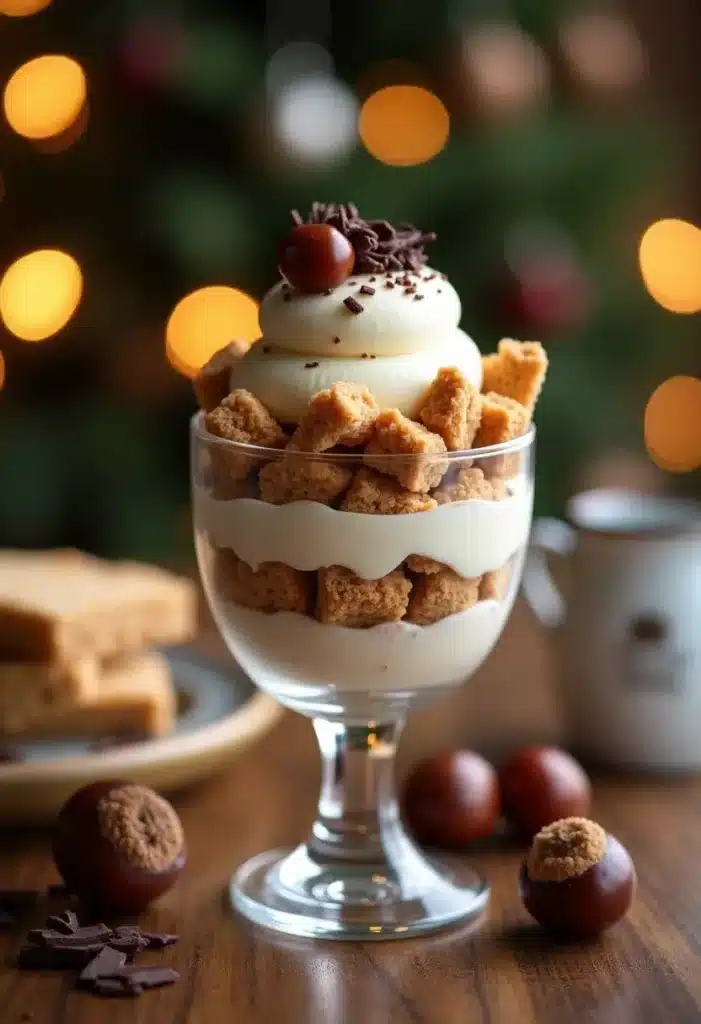 Dessert festif en verrine avec crème et biscuits.