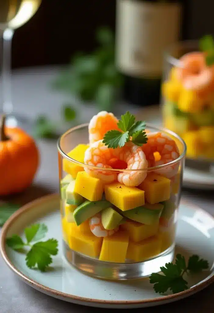 Verrine mangue crevette avocat avec persil.