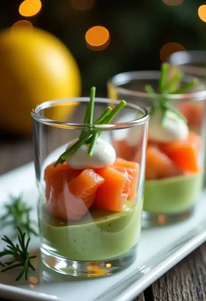 Verrine saumon avocat et crème fraîche décorée