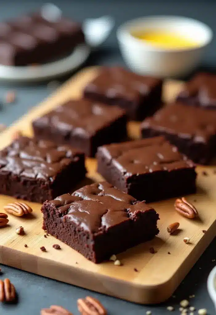 Brownies chocolat sur planche de bois.