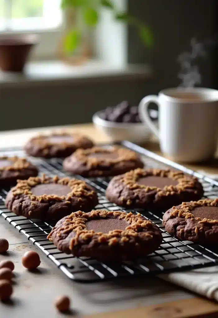 Cookies chocolat sur une grille avec boisson chaude
