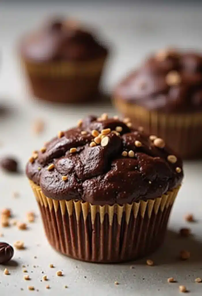 Muffin chocolat avec pépites sur table grise.
