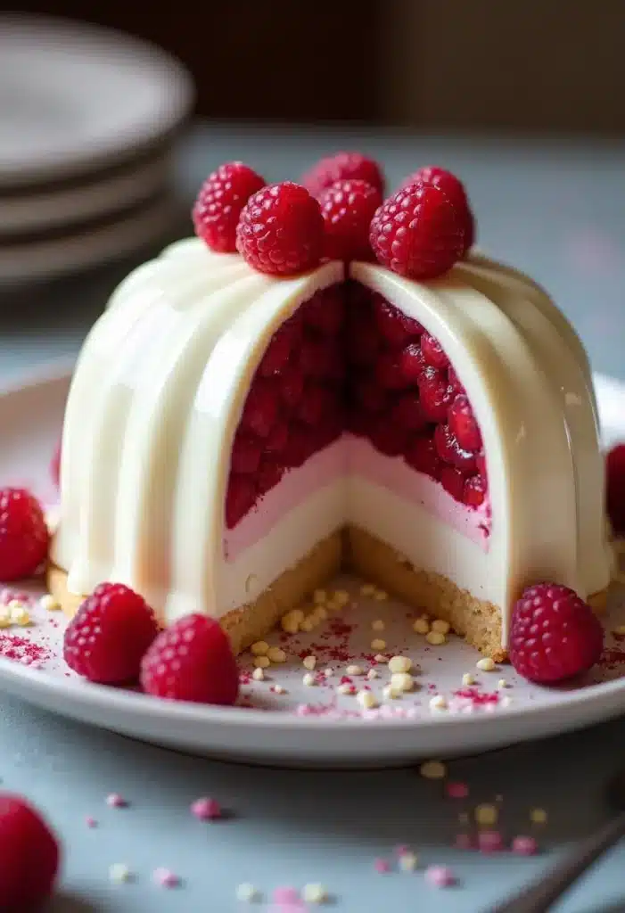 Gâteau aux framboises avec glaçage blanc élégant.