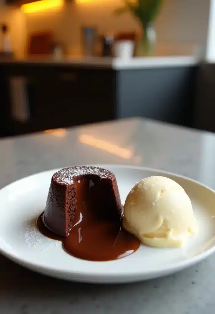 Moelleux au chocolat avec glace à la vanille.