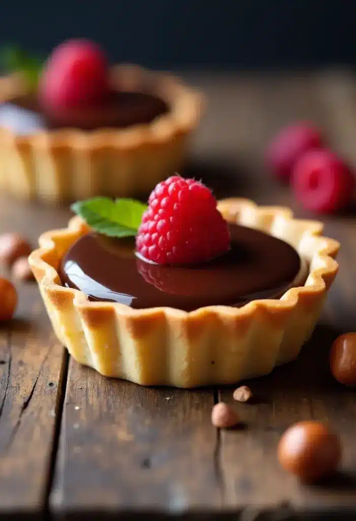 Tarte au chocolat avec framboise et feuille de menthe.