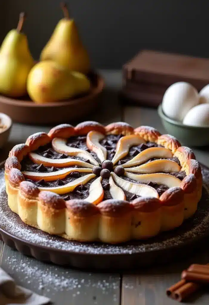 Tarte poires chocolat avec œufs et poires en arrière-plan.