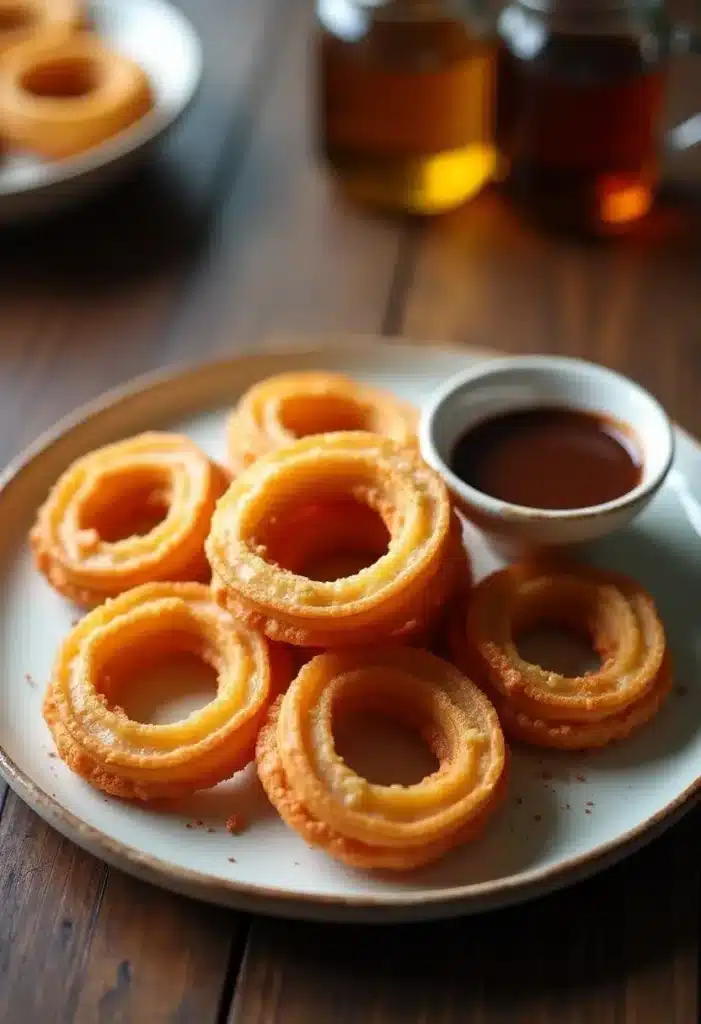 Churros avec sauce au chocolat sur assiette