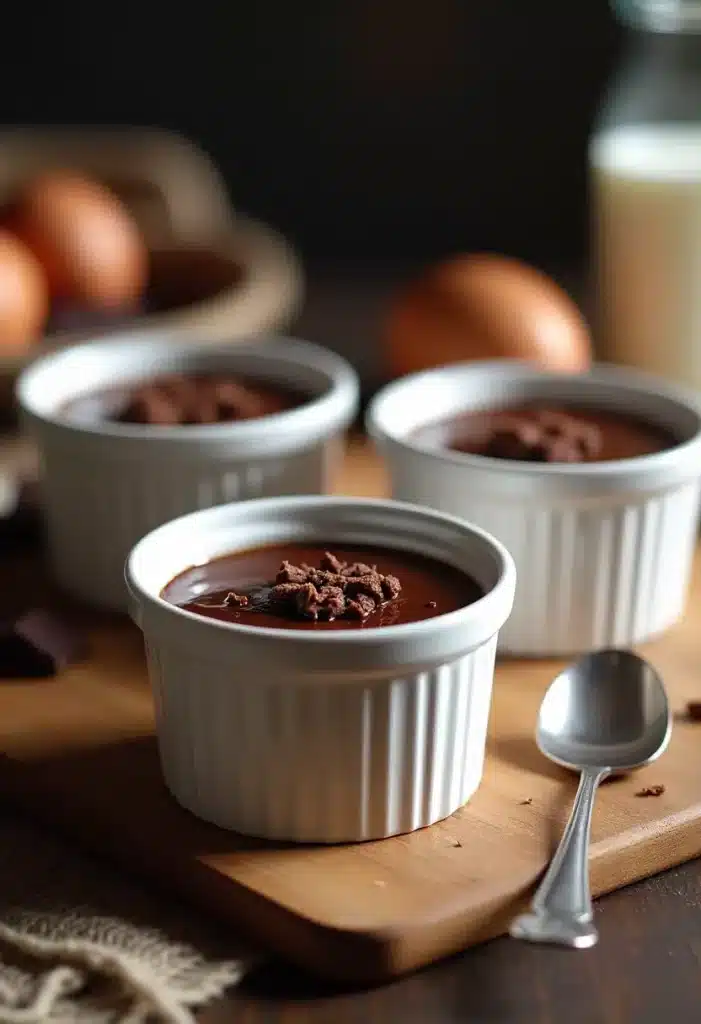 Trois ramequins de mousse au chocolat sur planche.