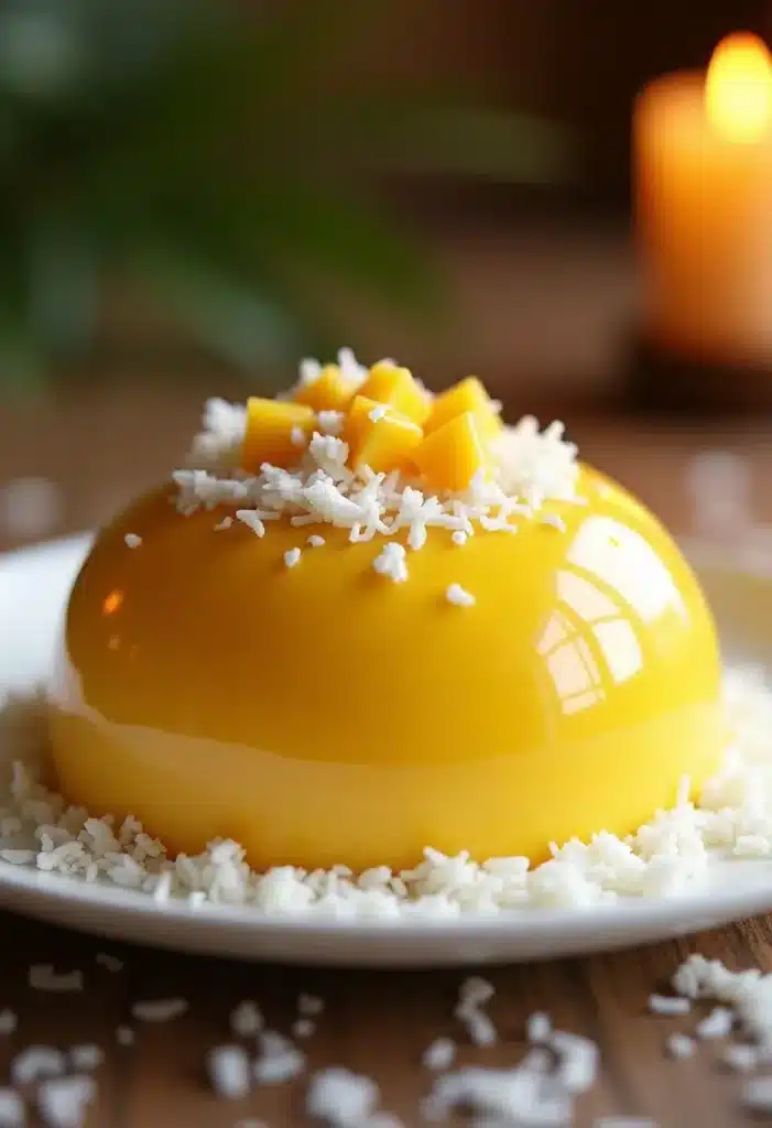 Dessert à la mangue avec noix de coco râpée.