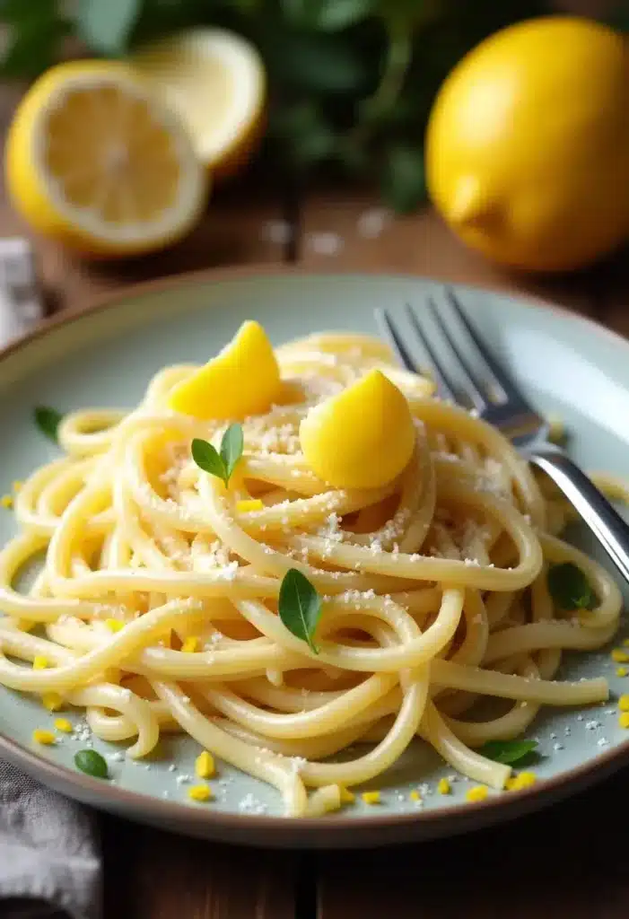 Pâtes au citron et garniture sur assiette.