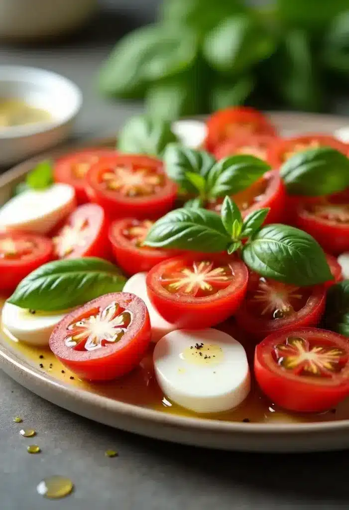 Salade caprese avec tomates, mozzarella et basilic.