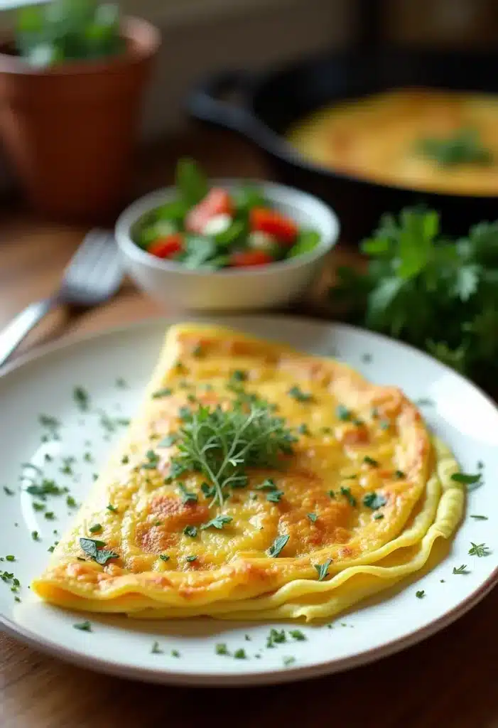 Omelette garnie de persil sur une assiette blanche.