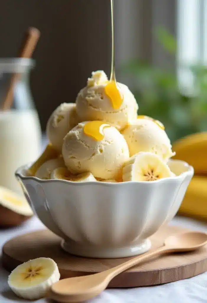 Glace vanille avec tranches de banane et coulis.
